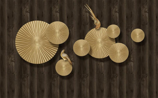 Metal fan decorated mural wallpaper | Paired with wooden texture to create a light luxury style - Carving wallpaper