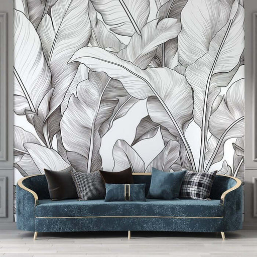Minimalist Black and White Botanical Leaf Wallpaper Mural - Fine Line Art