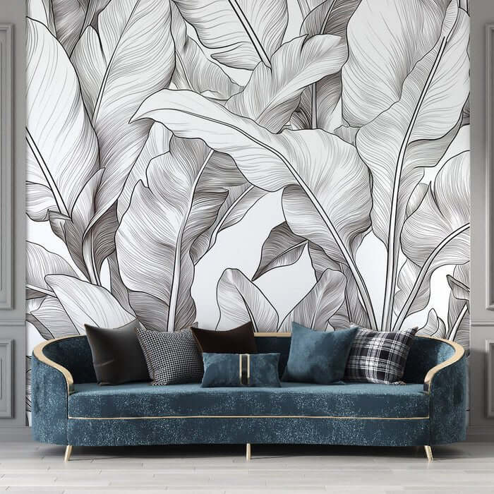 Minimalist Black and White Botanical Leaf Wallpaper Mural - Fine Line Art