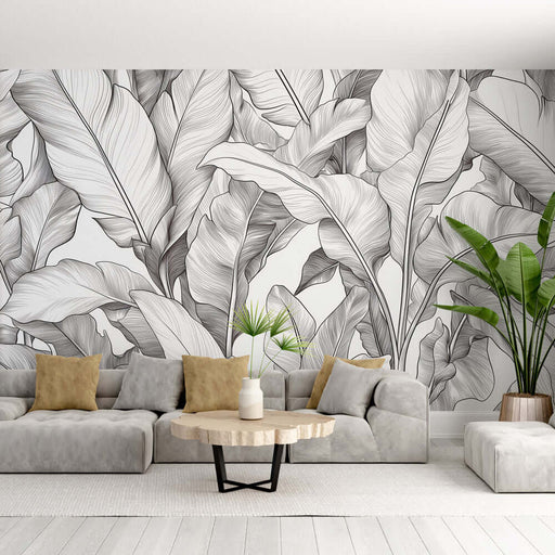 Minimalist Black and White Botanical Leaf Wallpaper Mural - Fine Line Art