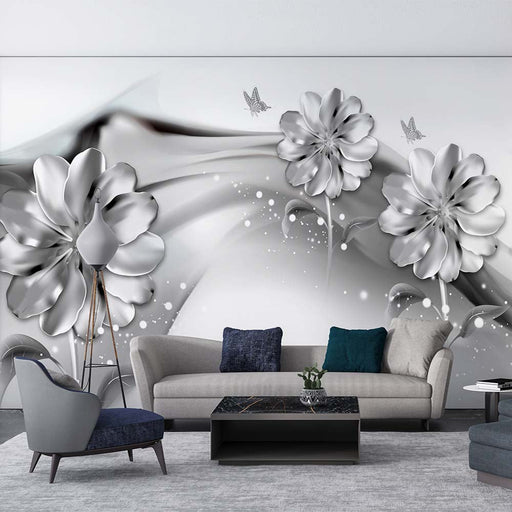 Minimalist Flower Wallpaper | Silver Grey Flower Butterfly Mural - Carving wallpaper