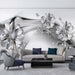 Minimalist Flower Wallpaper | Silver Grey Flower Butterfly Mural - Carving wallpaper