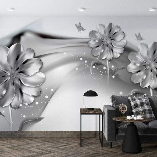 Minimalist Flower Wallpaper | Silver Grey Flower Butterfly Mural - Carving wallpaper