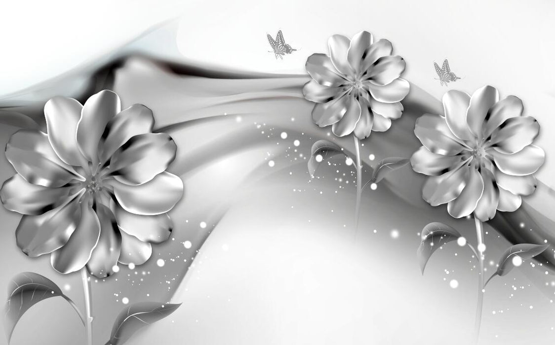 Minimalist Flower Wallpaper | Silver Grey Flower Butterfly Mural - Carving wallpaper