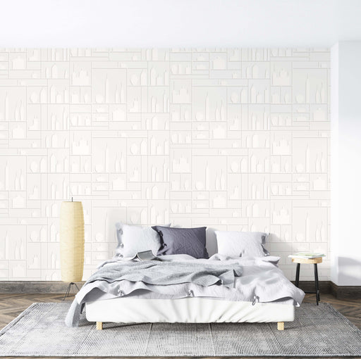 Minimalist white relief wallpaper | 3D geometric mural: a serene bedroom featuring a white bed against a wall with geometric relief patterns in white