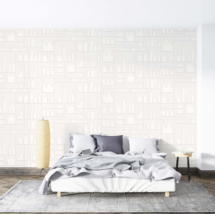 Minimalist white relief wallpaper | 3D geometric mural: a serene bedroom featuring a white bed against a wall with geometric relief patterns in white