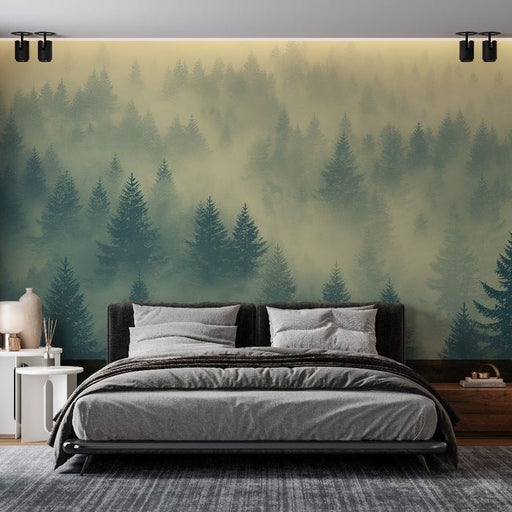 Misty Forest Wallpaper Mural | Artistic Pine Tree - Carving wallpaper