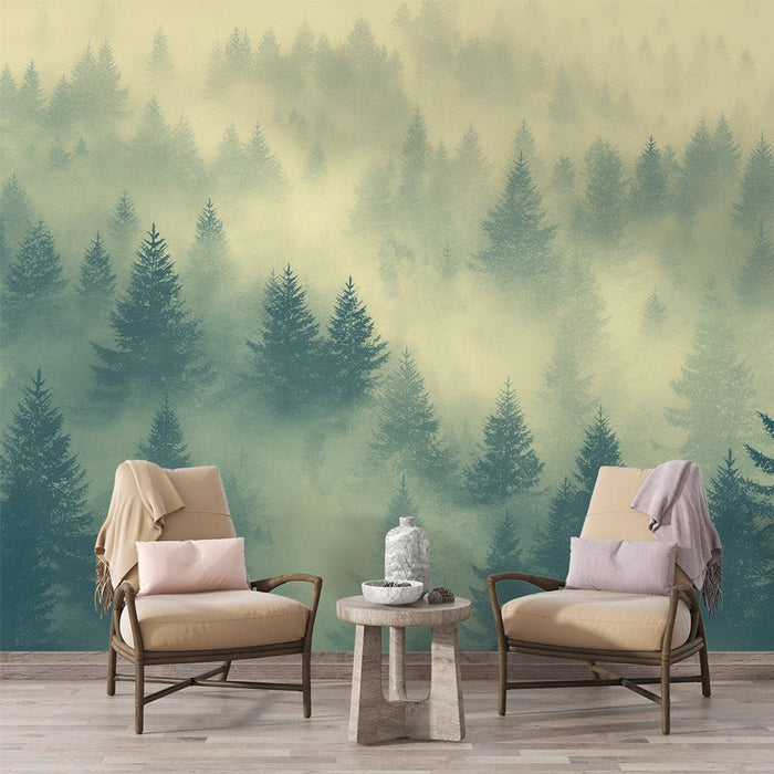 Misty Forest Wallpaper Mural | Artistic Pine Tree - Carving wallpaper