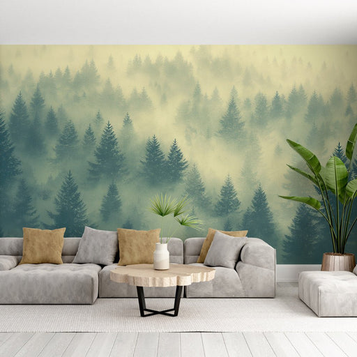 Misty Forest Wallpaper Mural | Artistic Pine Tree - Carving wallpaper