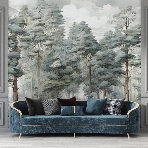 Misty Forest Wallpaper Mural | Blue Green Tone - Carving wallpaper