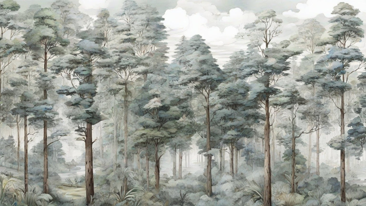 Misty Forest Wallpaper Mural | Blue Green Tone - Carving wallpaper
