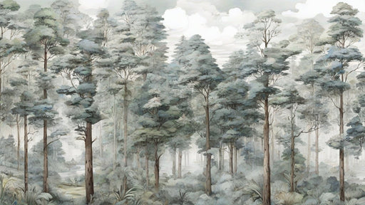 Misty Forest Wallpaper Mural | Blue Green Tone - Carving wallpaper