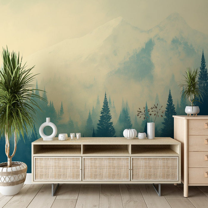 Misty Forest Wallpaper Mural | Coniferous Forest and Misty Snow Mountain - Carving wallpaper