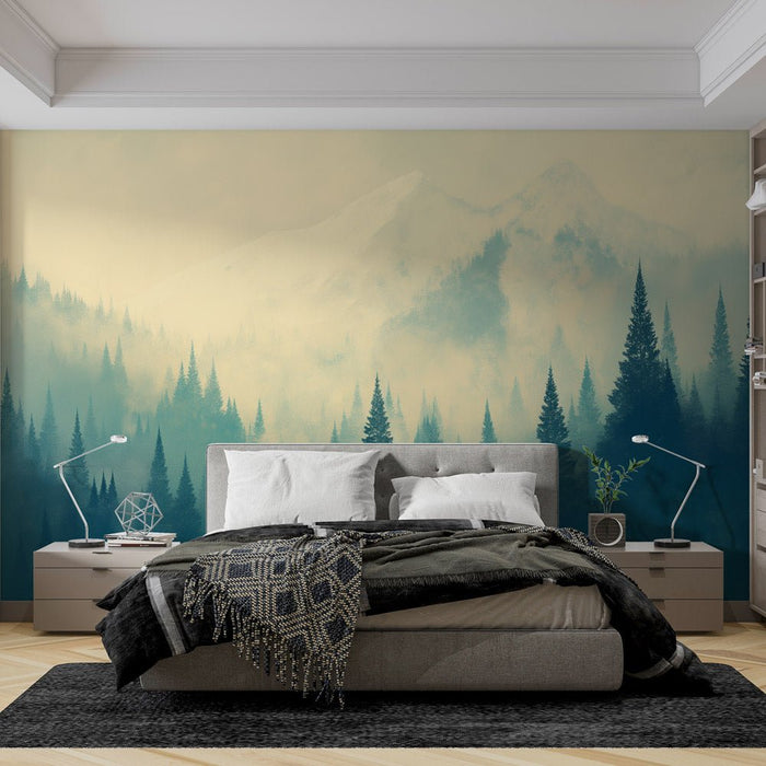 Misty Forest Wallpaper Mural | Coniferous Forest and Misty Snow Mountain - Carving wallpaper