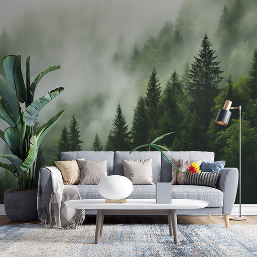 Misty Forest Wallpaper Mural | Thick Pine Forest - Carving wallpaper