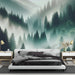 Misty Pine Forest Wallpaper Mural | Deep Green Tone - Carving wallpaper