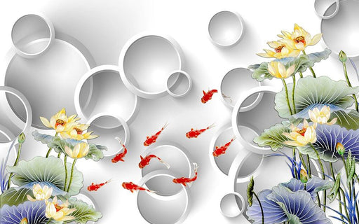 Modern Chinese Geometric Lotus Carp Wallpaper Mural - Elegant Bedroom & Living Room Decor