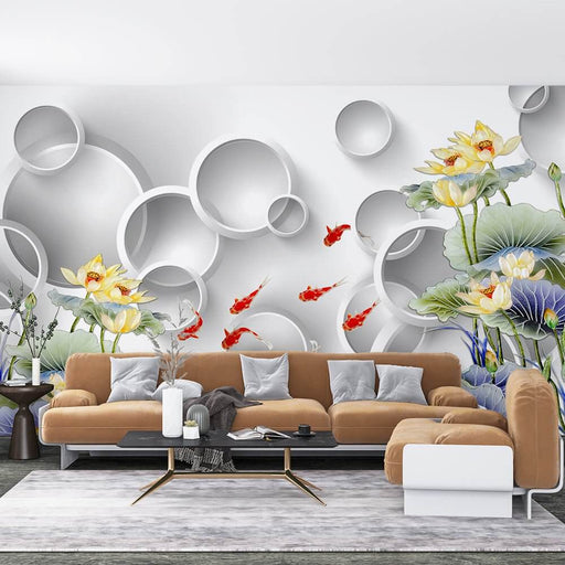 Modern Chinese Geometric Lotus Carp Wallpaper Mural - Elegant Bedroom & Living Room Decor