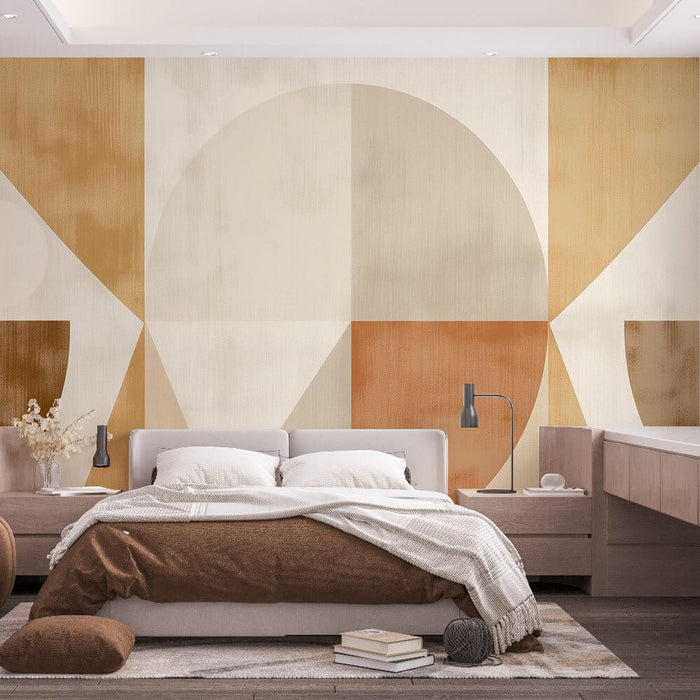 Modern Geometric Wood Grain Mural Wallpaper | Seamless Minimalist Design | Made in EU - geometric wall mural with wood grain texture behind a cozy bedroom setup