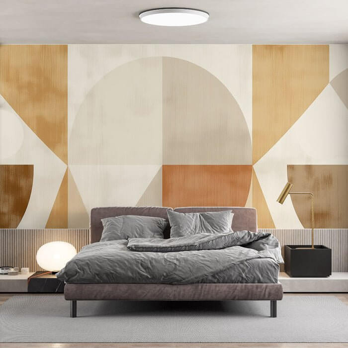 Modern Geometric Wood Grain Mural Wallpaper | Seamless Minimalist Design | Made in EU - Parisian-chic geometry with wood texture backdrop in a stylish bedroom