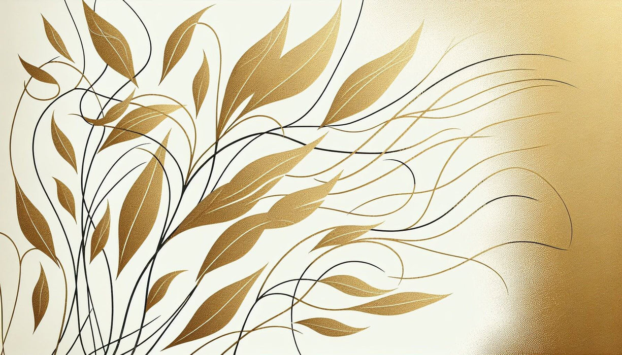 Modern Gold Leaf Line Wallpaper Mural | Minimalist Botanical Art for Luxe Interiors: delicate gold leaves traced in black lines on a soft background, luxurious contemporary botanical mural