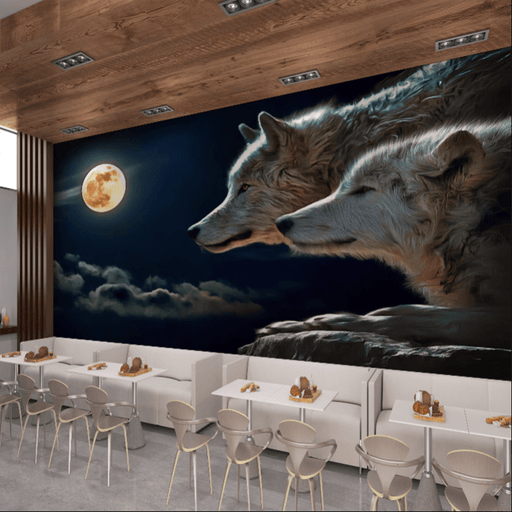 Moonlit double Wolf wallpaper mural | Wolf gazing at the rock shows wild mystery - Carving wallpaper
