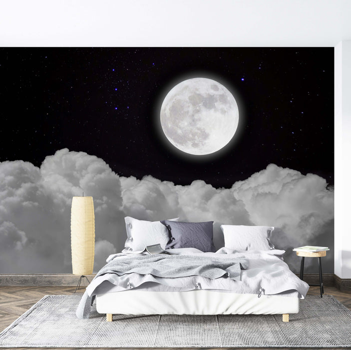 Moonnight Cloud Sea Wallpaper Mural | Dreamy Starry Sky Decorative Wall - cosmic bedroom scene with full moon over clouds, serene black-and-white night canopy, luxurious sleep-ready wall decor