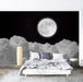 Moonnight Cloud Sea Wallpaper Mural | Dreamy Starry Sky Decorative Wall - cosmic bedroom scene with full moon over clouds, serene black-and-white night canopy, luxurious sleep-ready wall decor