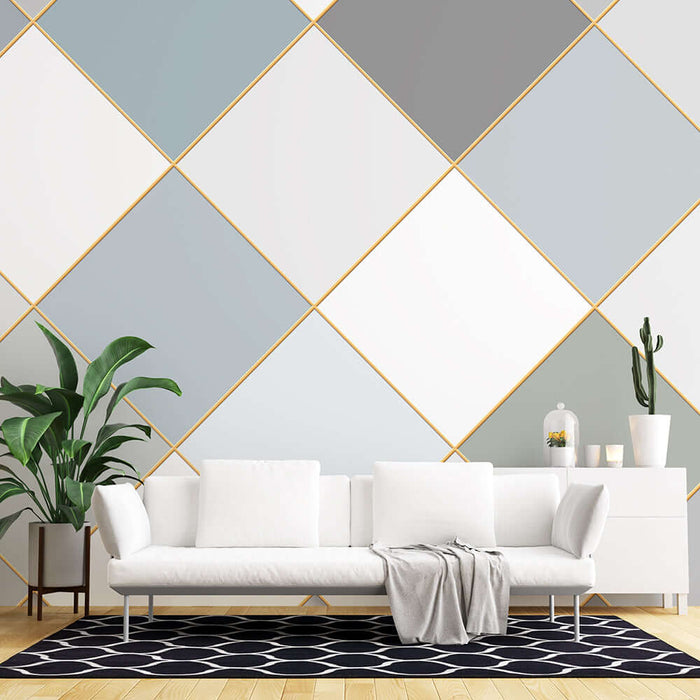 Morandi diamond grid wallpaper mural | Gilded lines