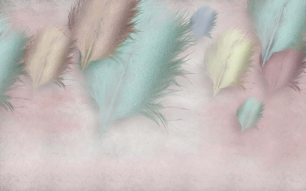 Morandi Feather Wallpaper Mural | Light Pink Base with Mint Green