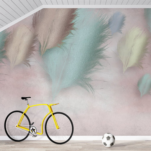 Morandi Feather Wallpaper Mural | Light Pink Base with Mint Green - Carving wallpaper