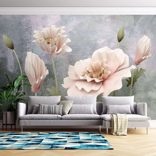 Morandi Flower Wallpaper Mural | Pink Flower Bedroom Wallpaper - 3D relief floral wall art with Morandi tones and pink flowers in a modern living room