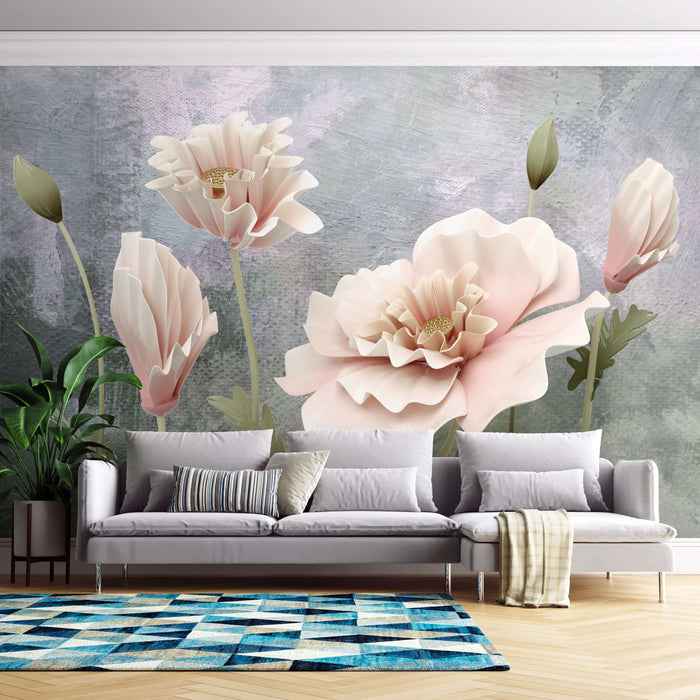 Morandi Flower Wallpaper Mural | Pink Flower Bedroom Wallpaper - 3D relief floral wall art with Morandi tones and pink flowers in a modern living room