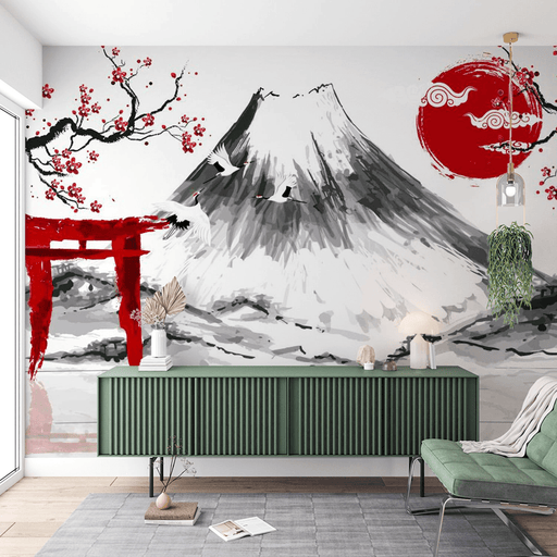 Mount Fuji & Sakura Wallpaper - Elegant Japanese Landscape with Red Crane & Cranes