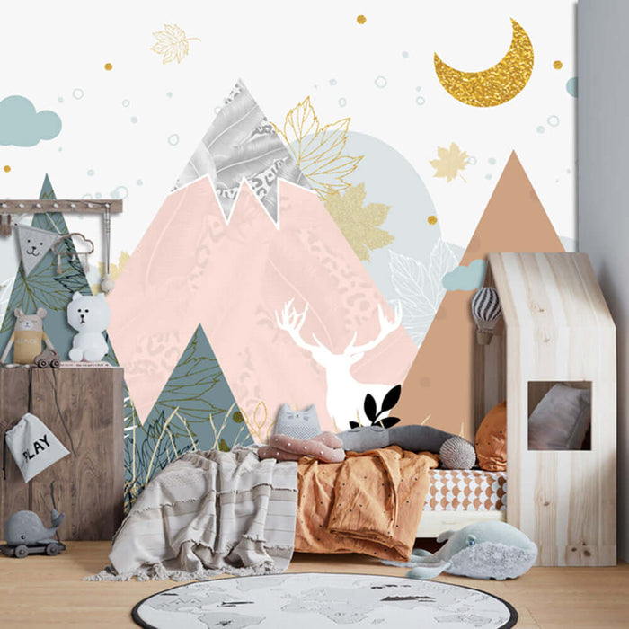 Mountain elk wallpaper mural | Children's room mural featuring mountain, elk silhouette, pastel pink peaks, and celestial accents for a forest-inspired bedroom