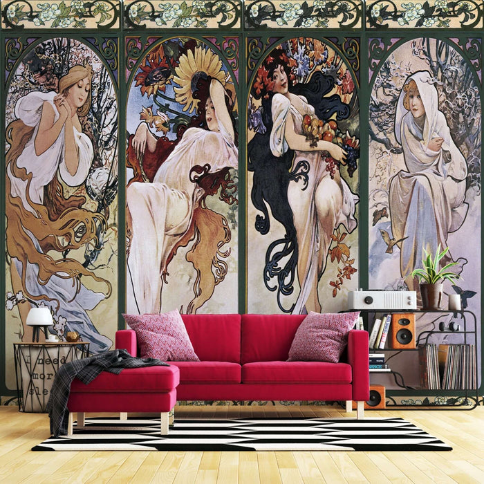 Mucha-Inspired Four Seasons Goddess Wallpaper Mural | Art Nouveau Elegance with Hand-Painted Florals
