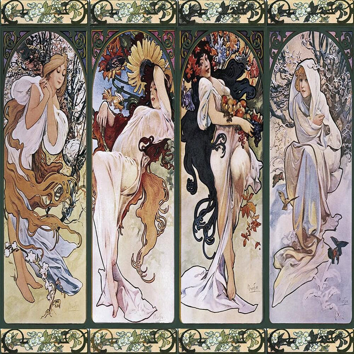 Mucha-Inspired Four Seasons Goddess Wallpaper Mural | Art Nouveau Elegance with Hand-Painted Florals