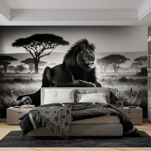 Mural Lion Noir et Blanc | Lion Majestueux en Décors Savane Artistique