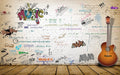 Music Brick Wall Mural - Trendy Graffiti Wallpaper featuring authentic brick texture, colorful graffiti, bold 'Music' typography and guitar illustration