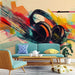 Music Pop Art Wallpaper Mural | Headphones Design featuring bold headphones against vibrant paint splashes and geometric shapes