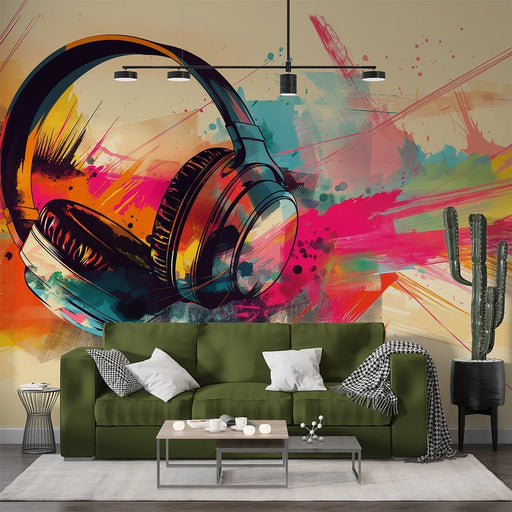 Music wallpaper mural | Graffiti style headphones - Carving wallpaper
