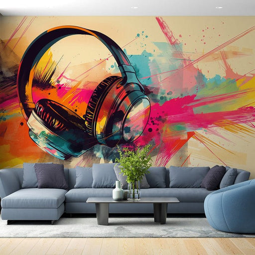 Music wallpaper mural | Graffiti style headphones - Carving wallpaper