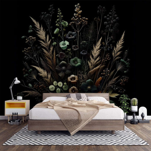 Mystique Noir Botanical Wallpaper Mural | Dark Floral Garden on Black Canvas - Exquisite blooms, berries, and foliage in emerald greens and antique browns on a velvety black backdrop behind a modern bed