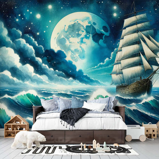 Navigation Starry Sky Wallpaper Mural | Living Room and Bedroom Decorative Wall - dreamy starry sea voyage with sailboat moonlit waves, ideal for adventurous, elegant interiors