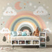 Neutral Rainbow & Garden Wallpaper Mural | Soft Nursery & Kids Room Decor | Whimsical Cloud and Fence Design
