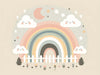 Neutral Rainbow & Garden Wallpaper Mural | Soft Nursery & Kids Room Decor | Whimsical Cloud and Fence Design