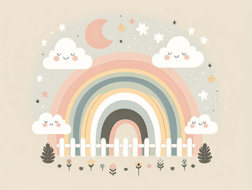 Neutral Rainbow & Garden Wallpaper Mural | Soft Nursery & Kids Room Decor | Whimsical Cloud and Fence Design