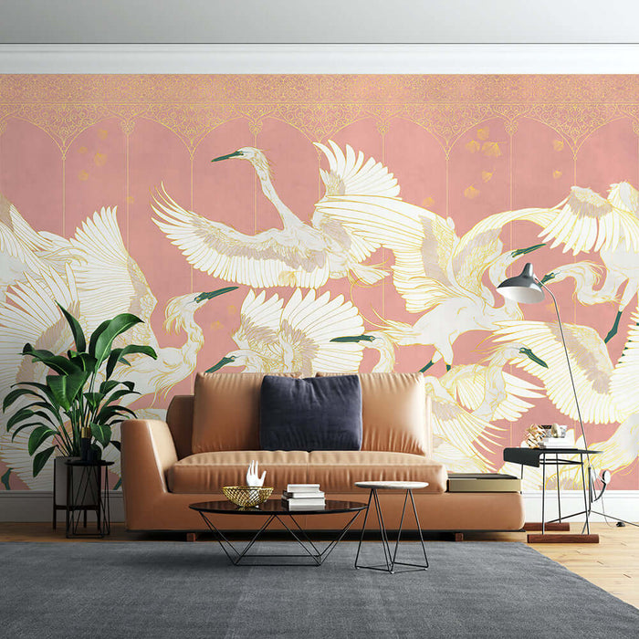 New Chinese Crane Wallpaper | China-Chic Art Mural featuring pink-gold crane mural with elegant birds and modern living room decor