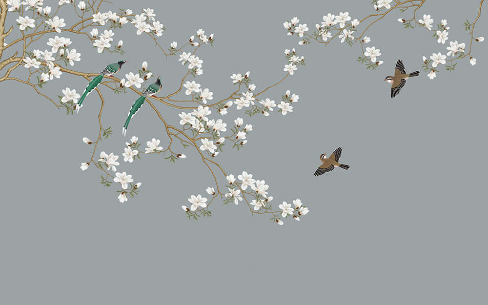 New Chinese Flower and Bird Wallpaper Mural | Magnolia Flower and Bird - white magnolia blossoms with green birds on gray background