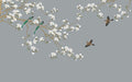 New Chinese Flower and Bird Wallpaper Mural | Magnolia Flower and Bird - white magnolia blossoms with green birds on gray background